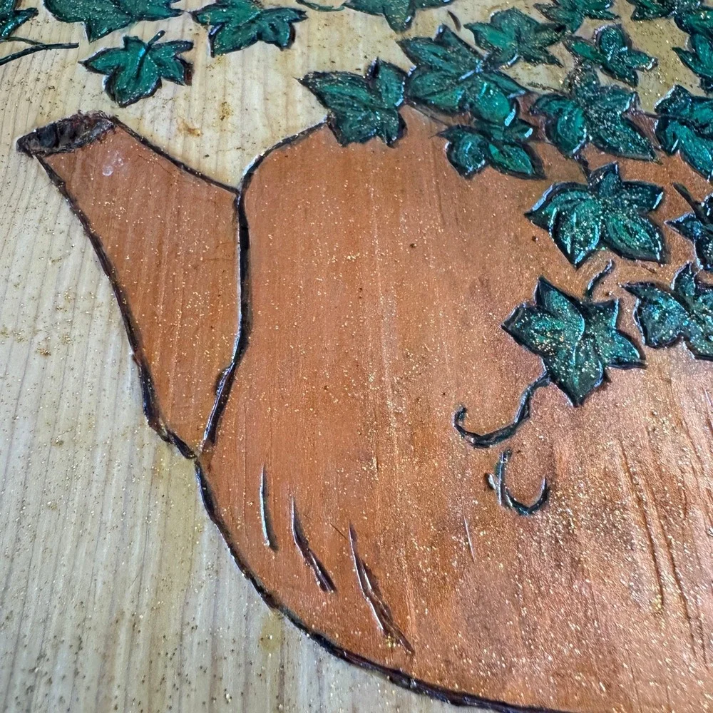 Hand Painted Wood Teapot Ivy Storage Box Planter Rustic Cottagecore Folk Art